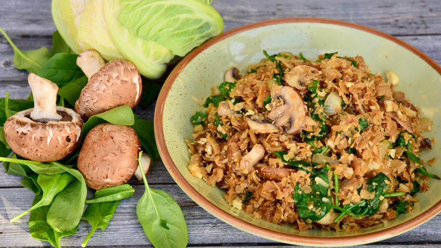 Cauliflower Rice Side Dish with Mushrooms and Spinach