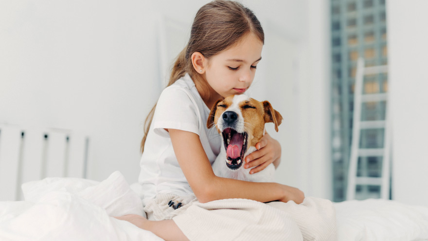 Girl sitting on be with dog